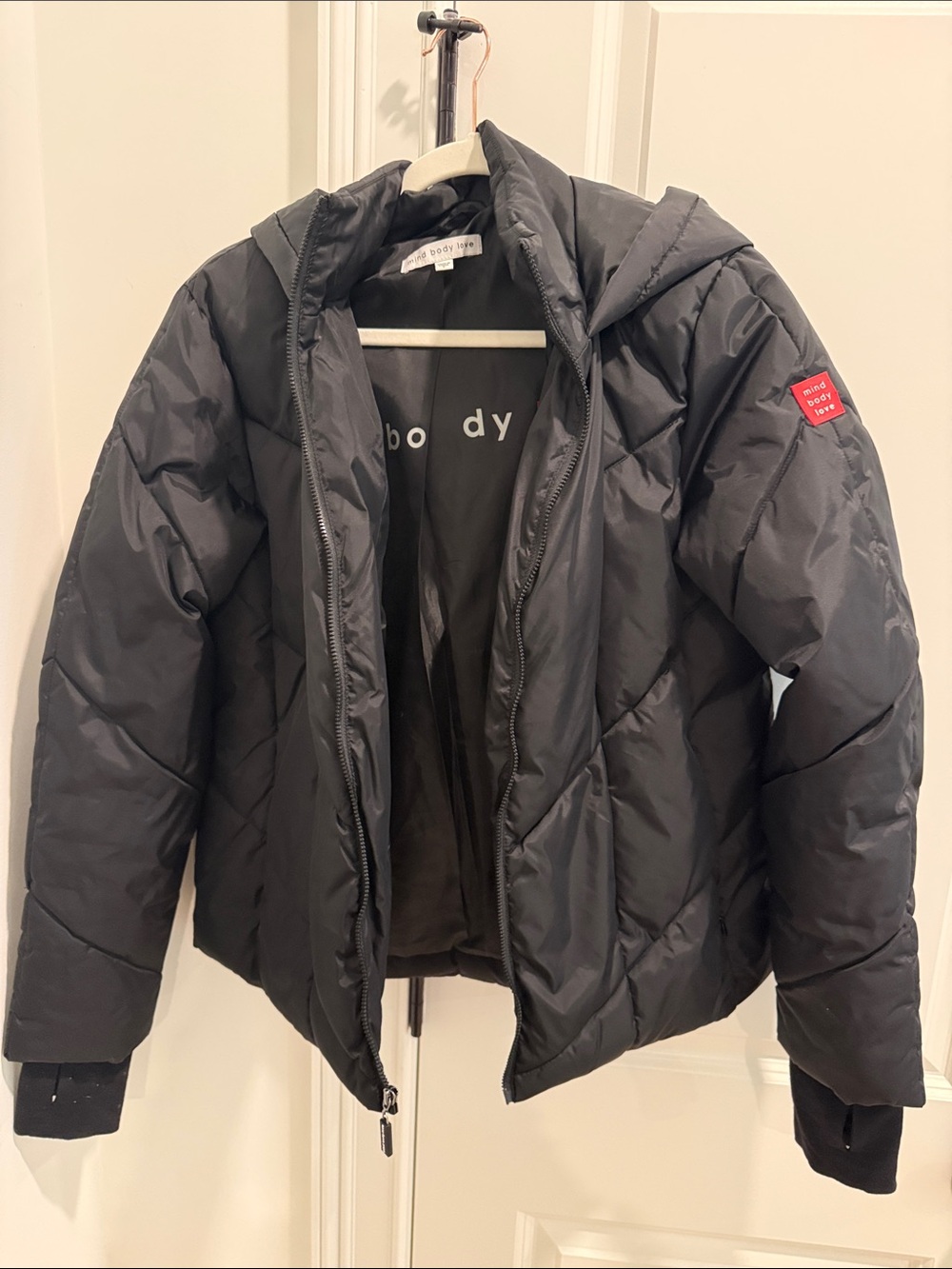 Black Puffer Jacket with Hood by Body